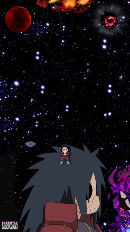 動漫角色站在有星星和紅色月亮的太空中