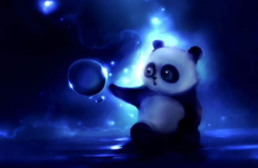 一隻發光的藍色熊貓寶寶在魔法場景中觸摸一個漂浮泡泡。