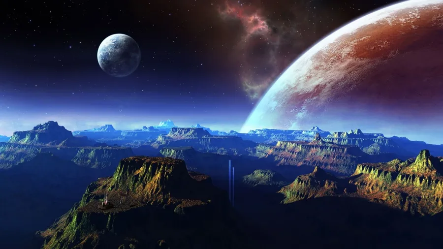 外星峽谷,黃昏時星空中有巨大行星和月亮。