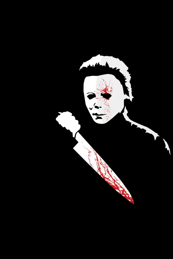Michael Myers 戴白色面具,在黑色背景前手持沾血的刀