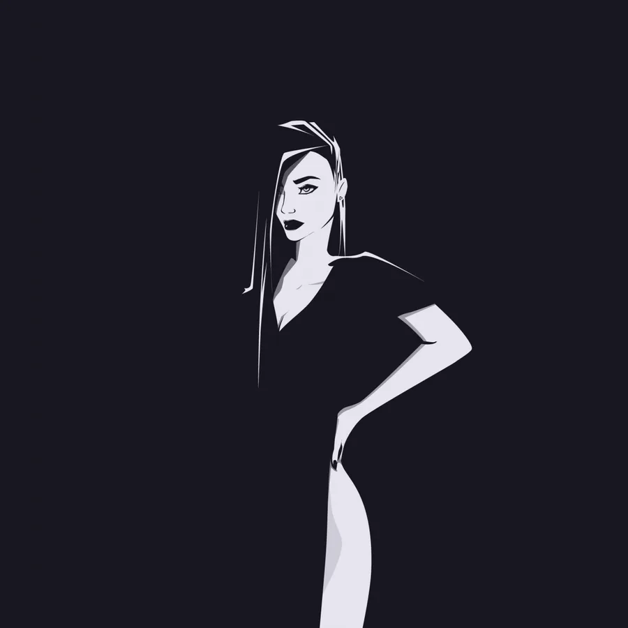 一個穿著連衣裙的女性自信擺姿勢的極簡圖形。