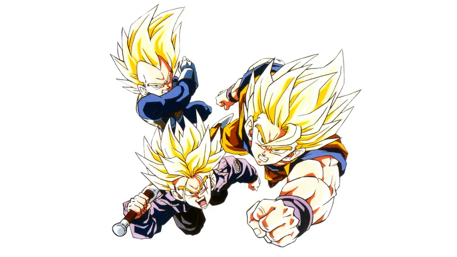 三個超級撒亞人動畫戰士擺出戰鬥姿態,頭髮發光,面容堅定。