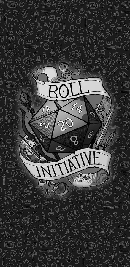 一個20面骰子,帶有roll initiative橫幅,周圍環繞著奇幻圖標。