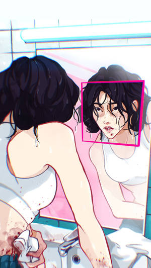 一位深色頭髮的年輕女子看著浴室鏡中自己沾血的倒影。