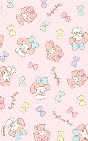 My Melody 角色帶著蝴蝶結在粉紅色圓點背景上。