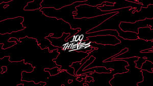 黑色背景上帶有 100 THIEVES 標誌的紅色霓虹線條藝術