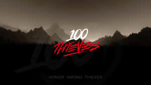 遊戲標誌 100 Thieves 疊加在黃昏時分的黑暗山脈場景上。