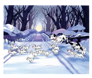 斑點狗和小狗在雪林奔跑的黎明時分。