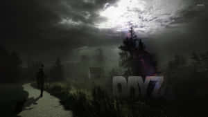 在陰暗多雲的天空下，一個人沿著霧氣瀰漫的小徑走向一間房子。 — Dayz GIF 壁紙