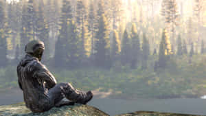 一名全副武裝的士兵坐在岩石上，俯瞰著薄霧籠罩的森林湖泊。 — Dayz GIF 壁紙