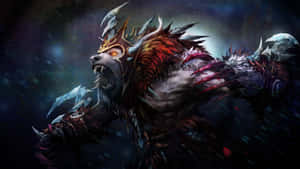 一隻惡魔狼，眼睛發光，身穿尖刺盔甲，在暴風雨中咆哮。