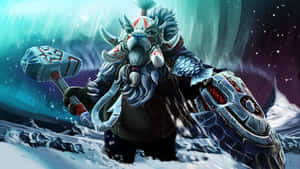 霜巨人戰士在雪地極光景觀中手持冰錘