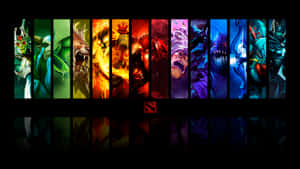 十位 Dota 2 英雄在帶有深色反射的彩色垂直面板中。