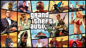 《Grand Theft Auto V》遊戲封面，展示主要角色在不同姿態及場景中。