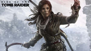 Lara Croft 用冰斧和弓攀登雪山。