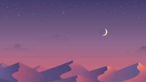 新月下的星空夜空中紫色和粉紅色的山脈。 — 簡約 壁紙