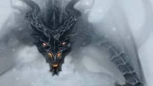 一隻帶有發光眼睛的黑暗龍從雪白的冬季風暴中出現。