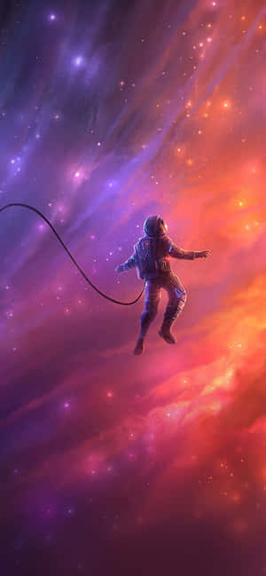 太空人在色彩繽紛的宇宙星雲中漂浮，伴有紫色和橙色的雲霧。