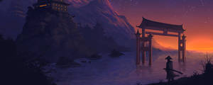 黃昏時分鳥居前的武士，背景有山脈和寺廟