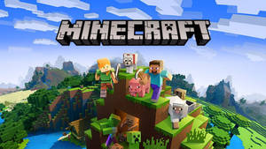 Minecraft 角色和動物在懸崖上俯瞰方塊世界。