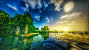Minecraft 方塊樹木和水面倒映著充滿活力的日落天空。