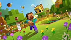 Minecraft角色在方塊風景中手持雛菊，被蜜蜂和花朵環繞。