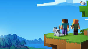 兩個Minecraft角色和一隻羊在懸崖上俯瞰海洋和森林。