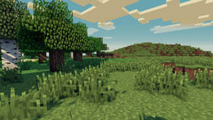 像素化嘅Minecraft森林，有樹木同草地，天空係方塊狀。