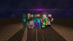 Minecraft角色，包括殭屍和一隻豬，在繁星點點的夜空下與發光的塔一起站立。