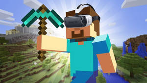 Minecraft角色戴著VR頭戴式裝置，在方塊世界中手持鑽石鎬。