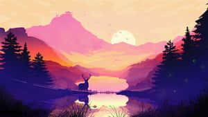 一隻鹿站在日落時分的湖泊中，背景有山脈和城堡。