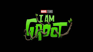 綠色 'I AM GROOT' 文字與藤蔓和葉子在黑色背景上，帶有Marvel Studios標誌。