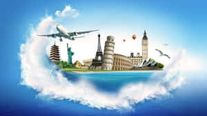 世界地標從海浪中升起，飛機在上空飛過。