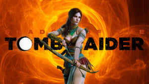 Tomb Raider 角色在熾熱橙色旋轉背景中手持弓箭。