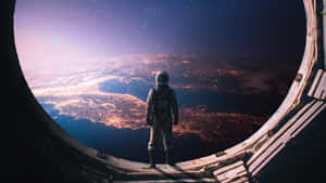太空人透過圓形窗戶從太空觀看地球發光的城市。