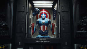 美國隊長的制服和盾牌放在一個標有 CPT STEVE ROGERS 的安全儲物櫃中。 — 超級英雄 壁紙