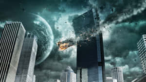 一座城市摩天大樓爆炸，流星穿過暴風雨的天空，可見一顆行星。