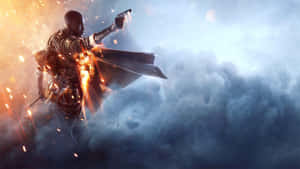 一名戰士在煙霧瀰漫的戰場上開槍，火花四濺。