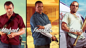 三個電子遊戲角色 Michael、Franklin 和 Trevor 手持武器，表情嚴肅。