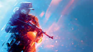 一名士兵在數位遊戲場景中開槍射擊，帶有發光效果。
