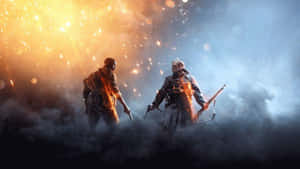 兩名武裝士兵站在煙霧中，天空如火，帶有鏡頭光暈效果。