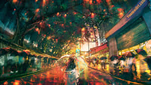夜晚雨中的城市街道，發光的燈籠和撐傘的人們。