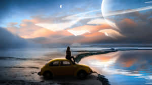 人坐在黃色車上，在超現實的外星海灘上，有發光的行星和月亮。
