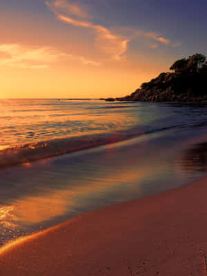 夕陽海浪沖刷著靠近岩石懸崖的沙灘，懸崖上有樹木 — 海 壁紙