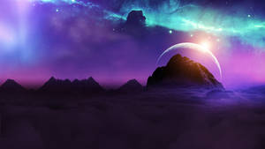 外星山脈從雲層中升起，下方是發光的彎月和色彩繽紛的星雲。