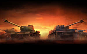 兩輛軍用坦克在熾熱的夕陽映襯下準備戰鬥。