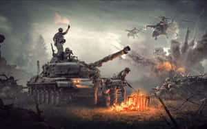 士兵在坦克附近戰鬥，直升機在頭頂飛過的戰爭場景。