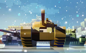 星空下雪景遊戲場景中的像素化坦克。