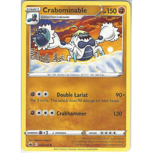 Crabominable 在雪地冬季場景中，有松樹和橙色天空。