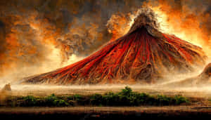 火山爆發，紅色熔岩和橙色煙霧在黑暗的天空中。